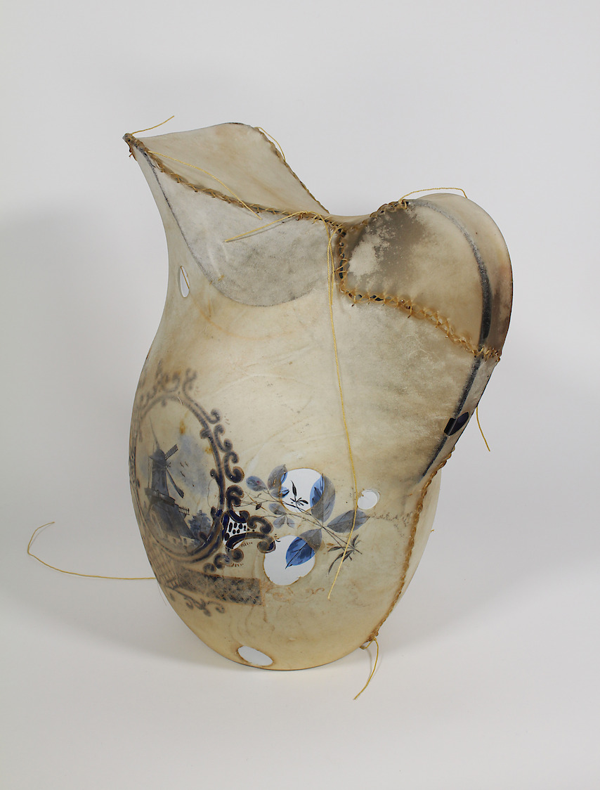 Contained (Pitcher), 2016, enamelled pitcher, rawhide, 9.5 x 7.0 x 12.5 in